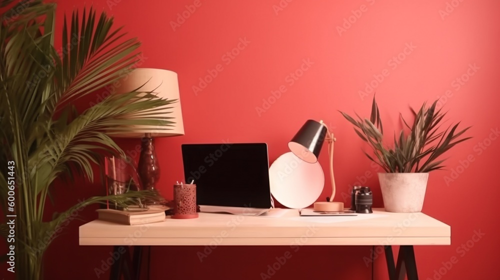 a desk with a laptop and a lamp on it next to a potted plant. generative ai a desk with a laptop and a lamp on it next to a potted plant. generative ai