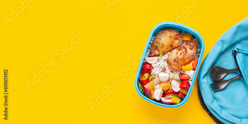 Healthy meal prep container with chicken and vegetable salad. Top view