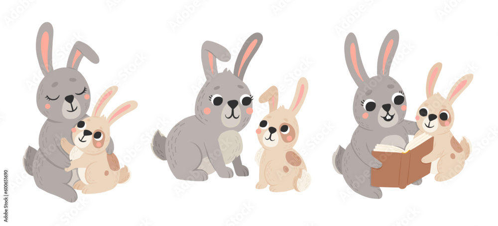 Icon of cute mommy and baby rabbit in cartoon style. Bunny pet silhouette. Hare mom and kid colorful illustration for childrens book, postcards and posters. Icon of cute mommy and baby rabbit in cartoon style. Bunny pet silhouette. Hare mom and kid colorful illustration for childrens book, postcards and posters.