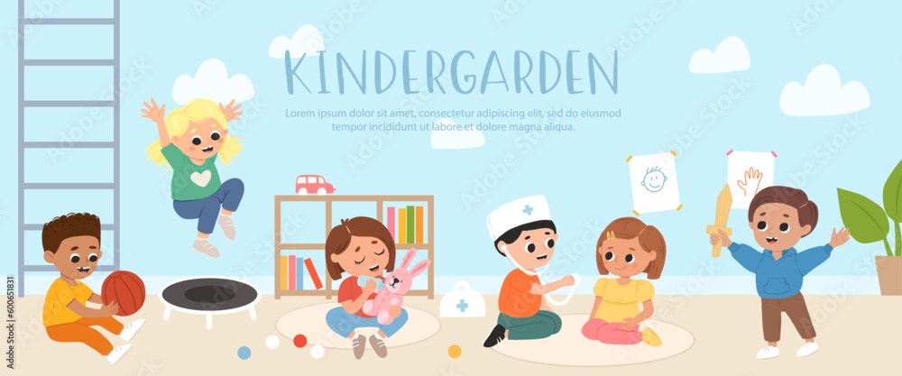 Kids play toys and games together in kindergarden. Cartoon playroom with children.