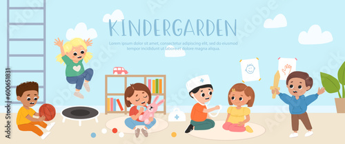 Kids play toys and games together in kindergarden. Cartoon playroom with children.