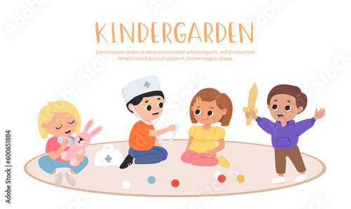 Kids play toys and games together in kindergarden. Cartoon playroom with children.