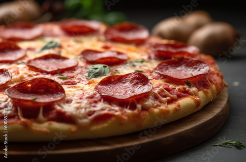 Closeup of a pizza, salami