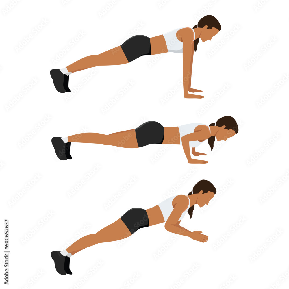 Sport woman doing exercise with Clapping Push Up posture start with plank and end with a clap in midair. Workout poses for cardio. Flat vector illustration isolated on white background Sport woman doing exercise with Clapping Push Up posture start with plank and end with a clap in midair. Workout poses for cardio. Flat vector illustration isolated on white background