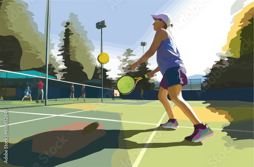 Fun with outdoor sports pickleball, tennis court outside
