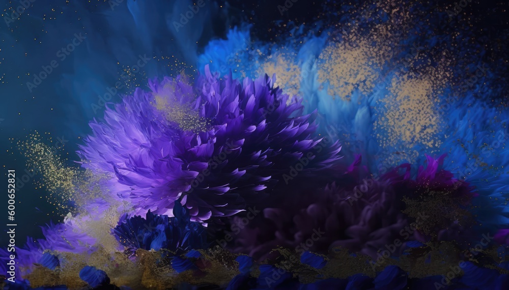 Naklejka premium Abstract Dahlia flowers. Slow motion. Burst of golden dust. Beautiful wallpaper background. Purple, blue and golden color tones. Elegance concept. Generative ai. 