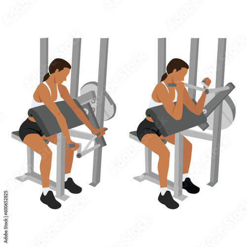 Woman doing machine bicep preacher or concentration curls, arm biceps exercise. isolated on white background and layers. Workout character. Flat vector illustration isolated on white background