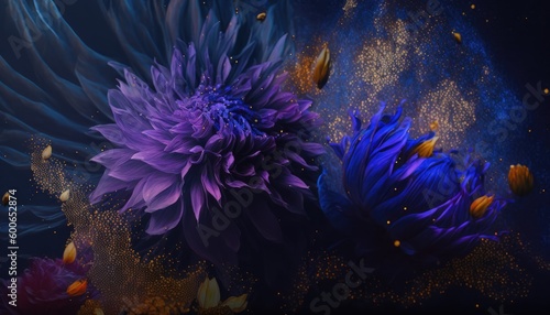 Abstract flowers. Slow motion. Burst of golden dust. Beautiful wallpaper background. Purple  blue and golden color tones. Elegance concept. Generative ai. 