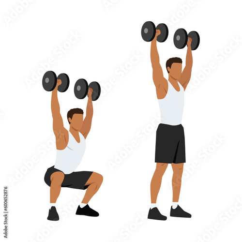 Man doing Dumbbell squat thrusters. squat to overhead press exercise. Flat vector illustration isolated on white background