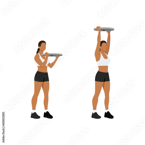 Woman doing Overhead plate presses exercise. Flat vector illustration isolated on white background