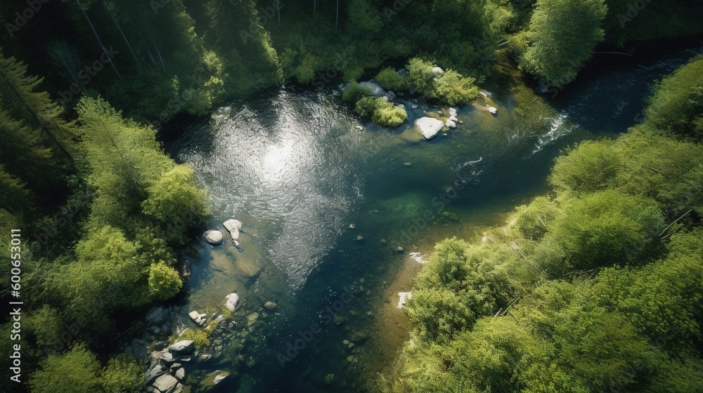  an aerial view of a river surrounded by trees and rocks.  generative ai