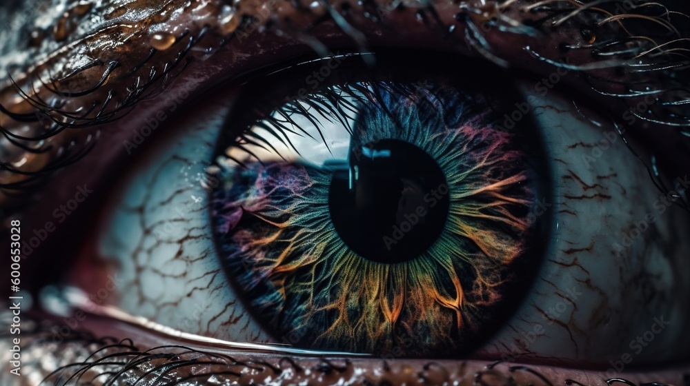  a close up of a person's eye with a colorful iris.  generative ai