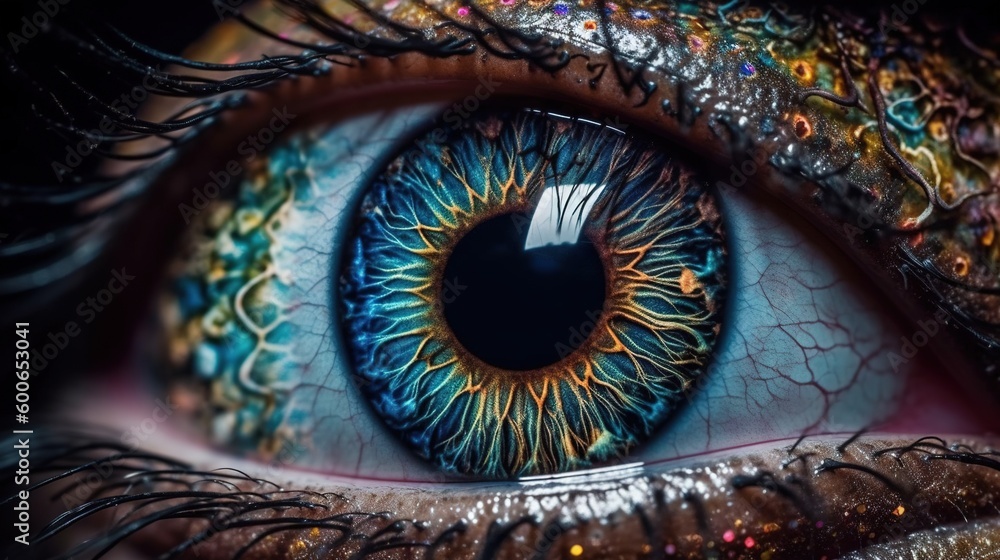  a close up of a blue eye with a colorful iris.  generative ai