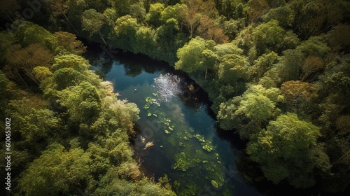  an aerial view of a river running through a lush green forest. generative ai