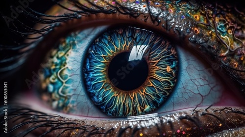  a close up of a blue eye with a colorful iris. generative ai