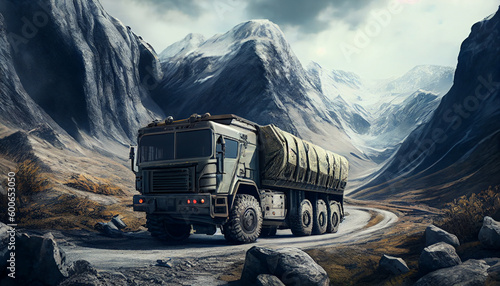 Army lorry truck car on mountain highway Generative AI © PaulShlykov