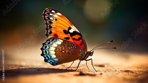  a colorful butterfly sitting on top of a wooden table next to a blurry background. generative ai