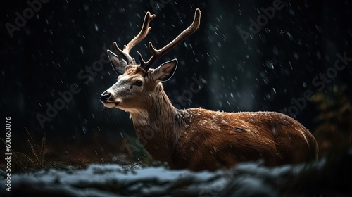  a deer standing in the rain with its antlers spread. generative ai
