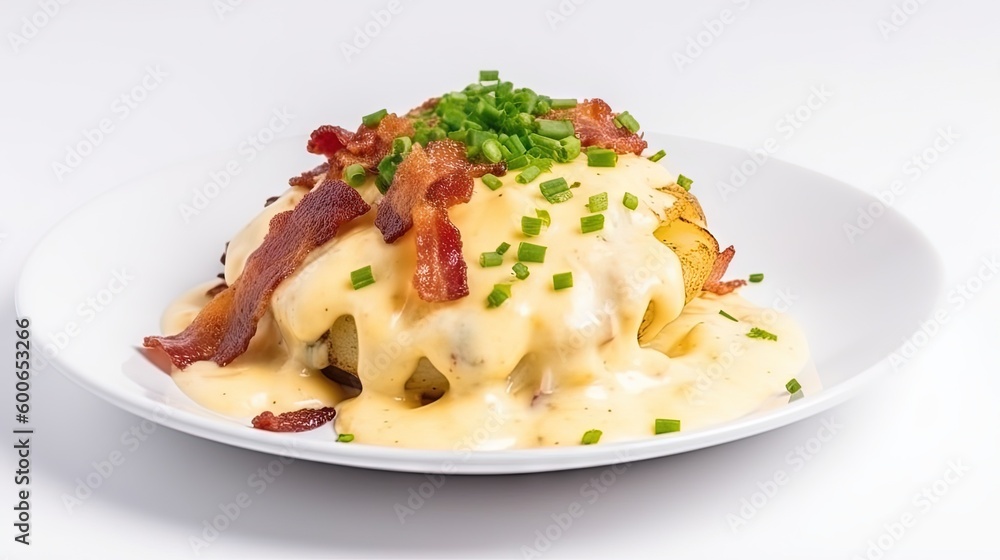  a white plate topped with a cheesy potato covered in bacon.  generative ai