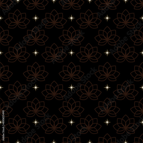 Lotus and golden stars seamless pattern on black background. Vector print, Indian style.