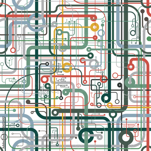 Seamless geometric pattern. Multicolored interlaced lines on a white background. Subway map style with a colorful tube system. Graphic textile texture. Vector illustration.