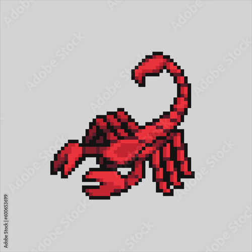 pixel art Scorpion. Scorpion insect pixelated design for logo, web,
mobile app, badges and patches. Video game sprite. 8-bit. Isolated vector illustration.