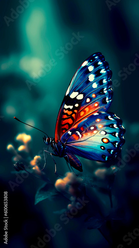 A beautiful butterfly sits on a flower on a summer night. The illustration was created by AI.