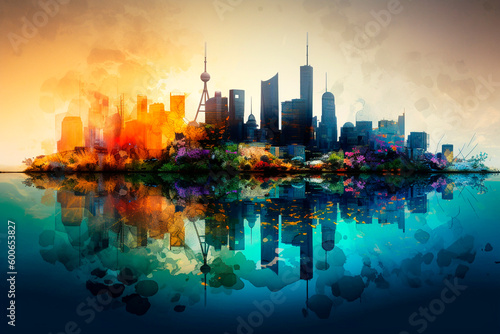 A bright double exposure of the city skyline on the silhouette of the water surface.
