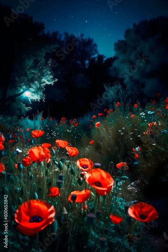 The garden is full of red poppies, against a background of blue stars and a bright white moon. The illustration was created by AI.