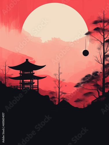 Chinese temple in the forest at night with full moon, vector illustration. AI Generative