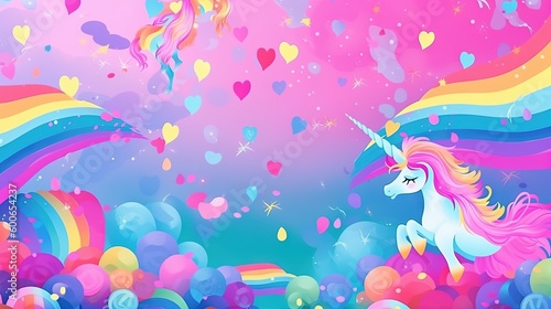  a painting of a unicorn with balloons and hearts in the sky. generative ai