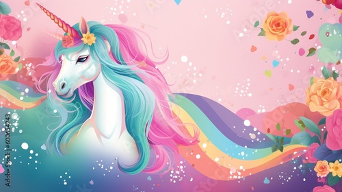  a unicorn with a rainbow mane standing in a field of flowers. generative ai