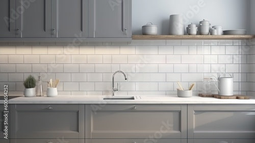  a kitchen with gray cabinets and a white counter top and a sink. generative ai