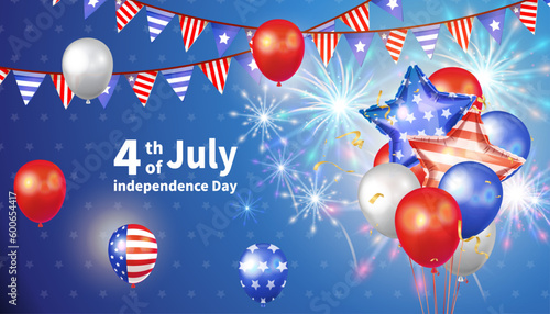 Celebrating 4th of july independence day background with balloons, fireworks, flags