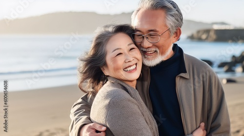 Romantic Asian senior couple by the ocean. Affectionate elderly couple enjoying spending some quality time together after retirement, Generative AI