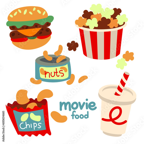 A set of food for watching movies. All elements of a fast food cinema for watching a movie. Popcorn  soda  nuts  chips  hamburger in cartoon style. Cute flat-style drawings on a white background