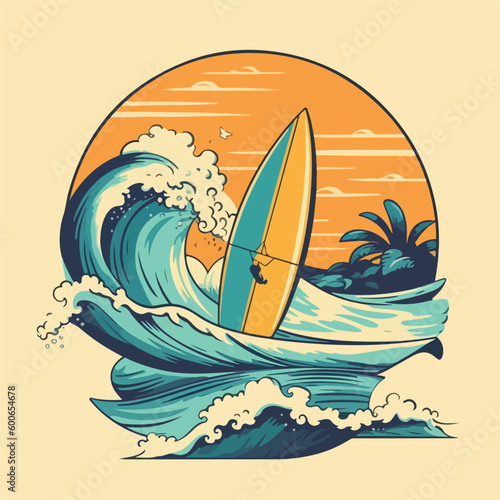 Surfing board and ocean wave tropical beach vintage logo badge vector illustration