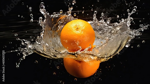 Fresh, colorful orange splashing into crystal-clear water, showcased in an advertising style, generative ai