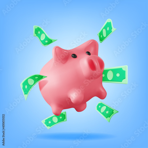3D Piggy Bank with Dollars Rain Isolated. Render Plastic Piggy Bank for Money. Moneybox in Form of Pig. Concept of Cash Money, Business Deposit Investment, Financial Savings. Vector Illustration