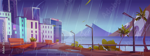 Rainy city embankment, bench on street near river and downtown building vector landscape. Seaside town with falling water drops cartoon background. Empty tropical urban quay, mountain skyline view