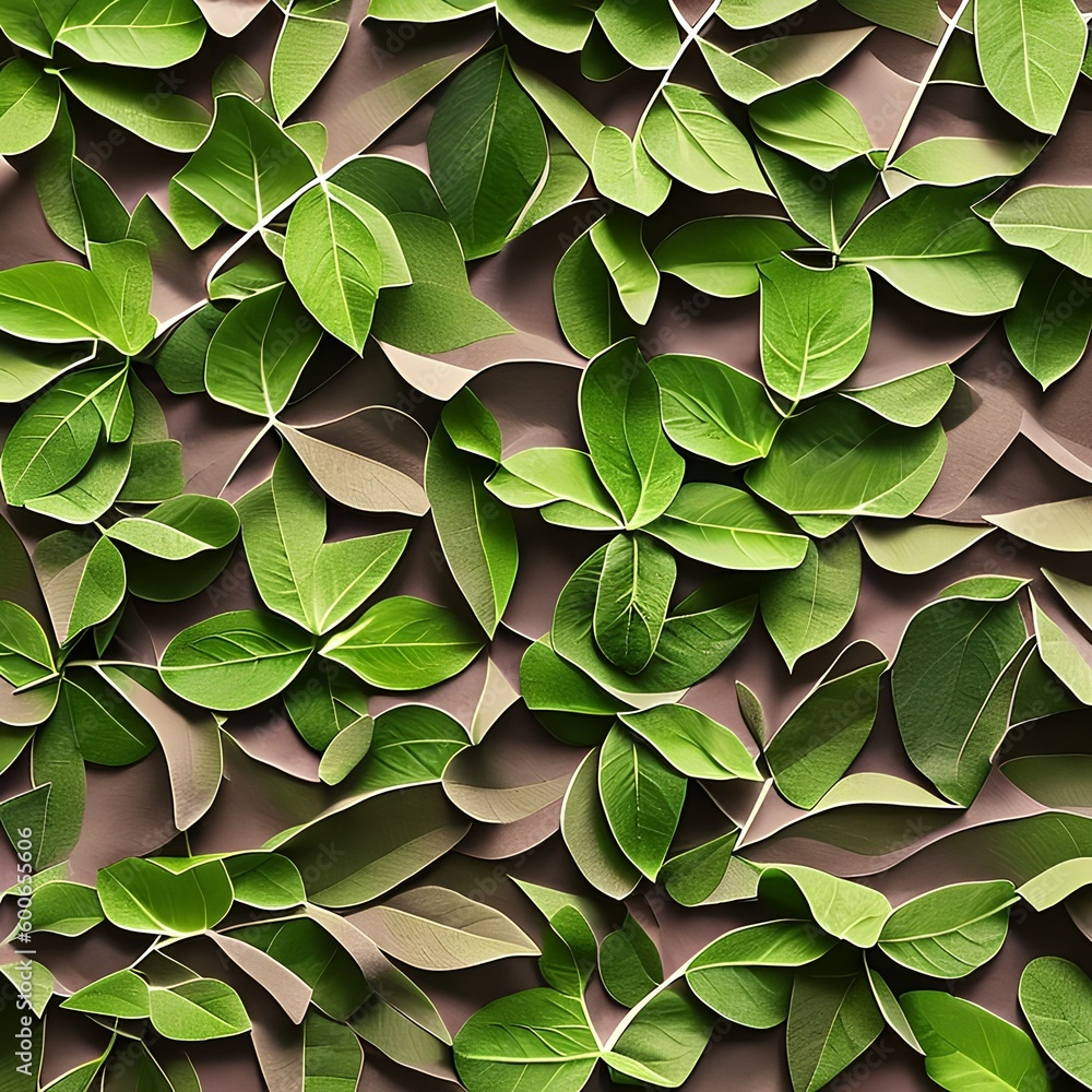 A tessellation of leaves in shades of green and brown5, Generative AI A tessellation of leaves in shades of green and brown5, Generative AI