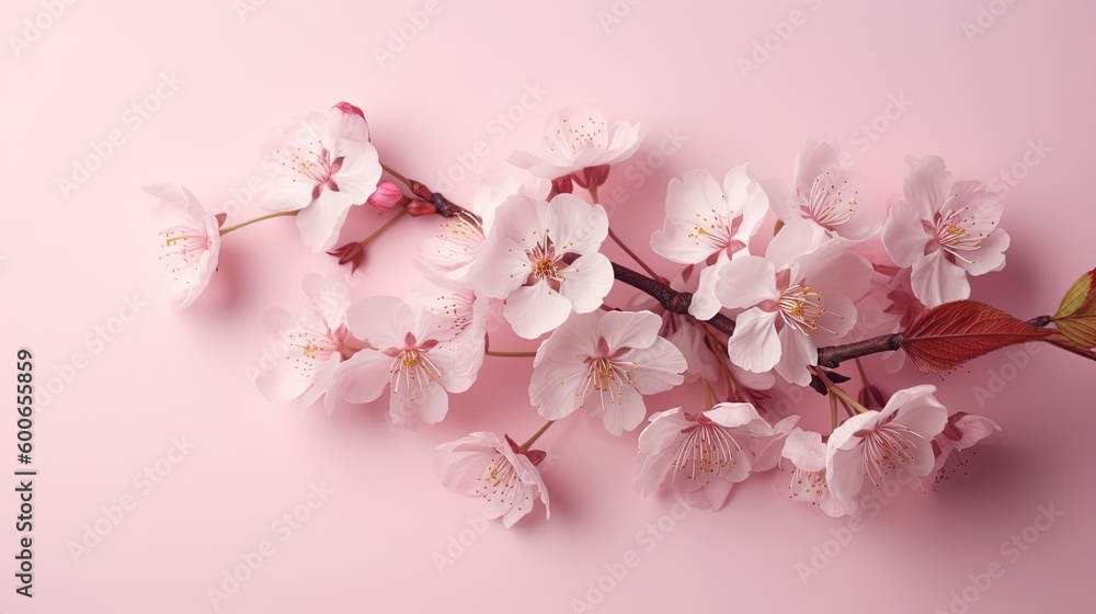  a branch of cherry blossom on a pink background with space for text.  generative ai