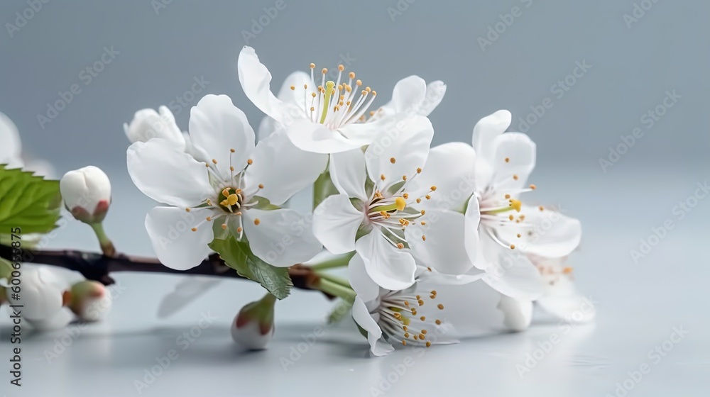 a branch with white flowers on it and green leaves on it.  generative ai