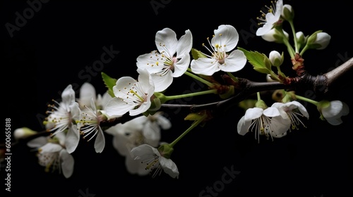  a branch with white flowers on it against a black background.  generative ai