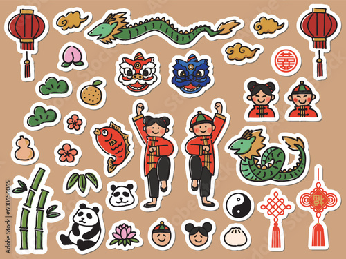 手描きのステッカー風中華アイコンセット