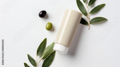  a tube of cream next to a branch of olives. generative ai