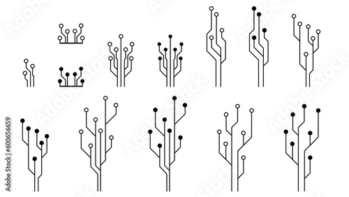 Set of printed circuit board PCB tracks silhouettes isolated on white background. Technical clipart. Dividers for design. Vector element.
