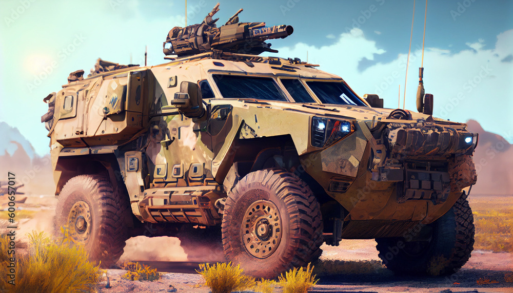 Fototapeta premium Armored SUV in sand desert with led bar on roof Generative AI