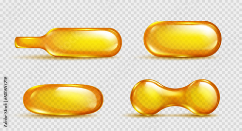 Realistic set of 3D oil capsules isolated on transparent background. Vector illustration of vitamin C, serum, omega, collagen essense pills with yellow substance. Beauty care product, medicine