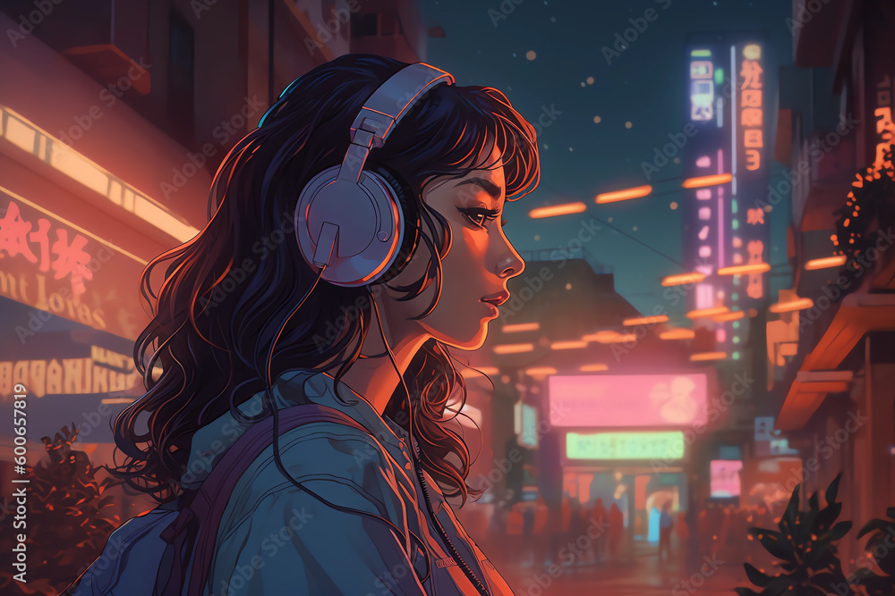 Lofi girl with headphones illustration. Lofi background